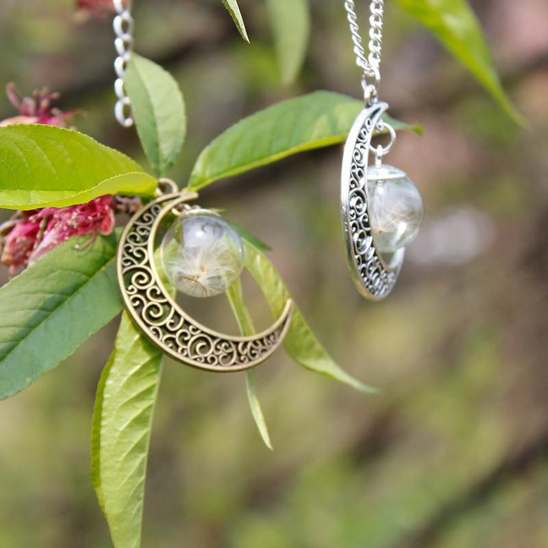 Crescent Moon & Real Dandelion Seeds Necklace - Floral Fawna