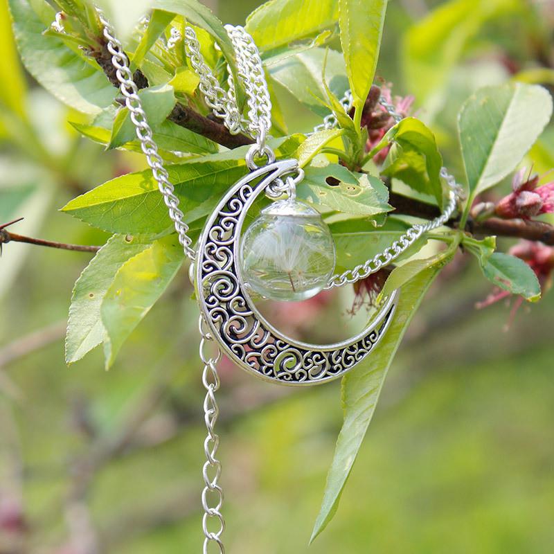 Crescent Moon & Real Dandelion Seeds Necklace - Floral Fawna