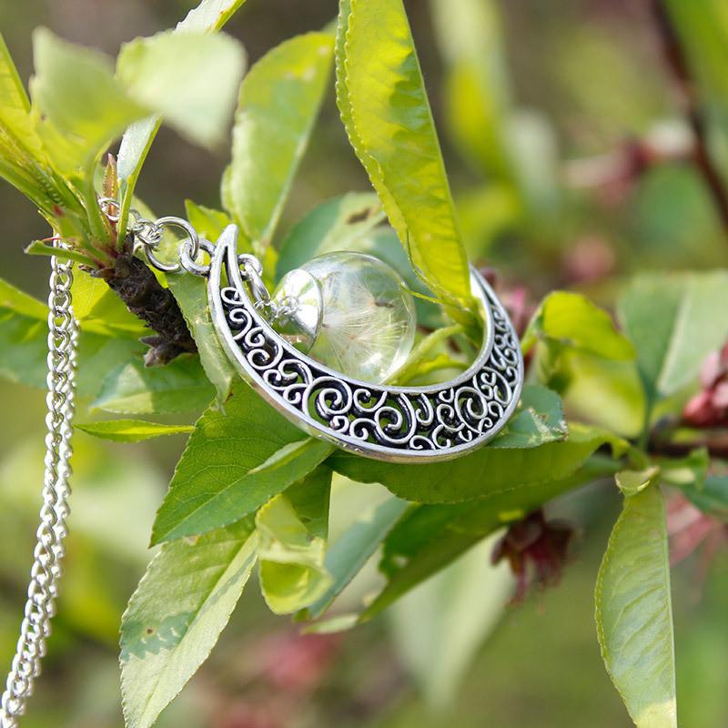 Crescent Moon & Real Dandelion Seeds Necklace - Floral Fawna