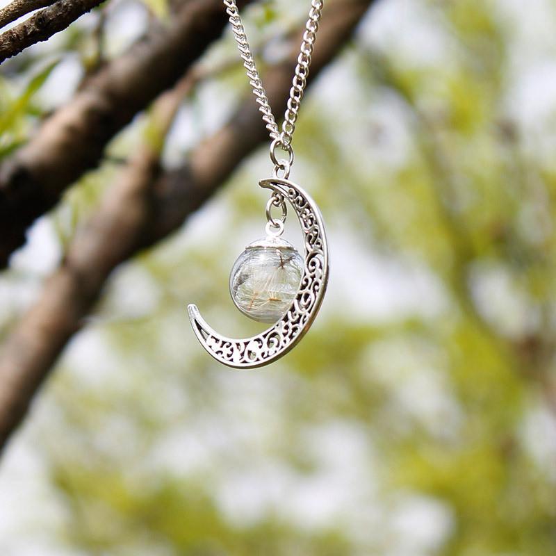 Crescent Moon & Real Dandelion Seeds Necklace - Floral Fawna