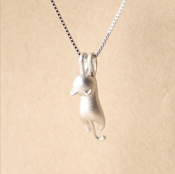 Hanging Cat Silver Necklace - Floral Fawna
