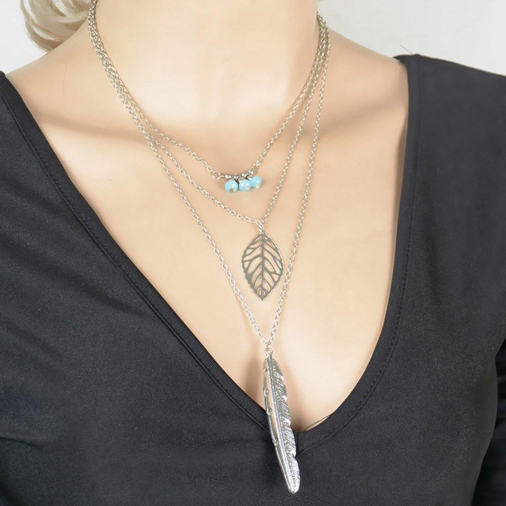 Multi Layer Feather & Leaf Necklace - Floral Fawna