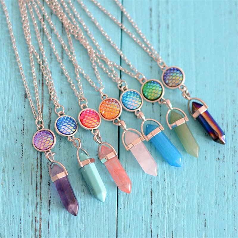 Natural Stone & Mermaid Scale Necklace - Floral Fawna