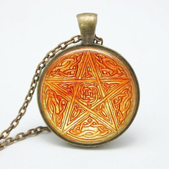 Pentacle Wiccan Pendant Talisman - Unique Glass & Bronze Necklace - Floral Fawna