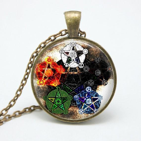 Pentacle Wiccan Pendant Talisman - Unique Glass & Bronze Necklace - Floral Fawna