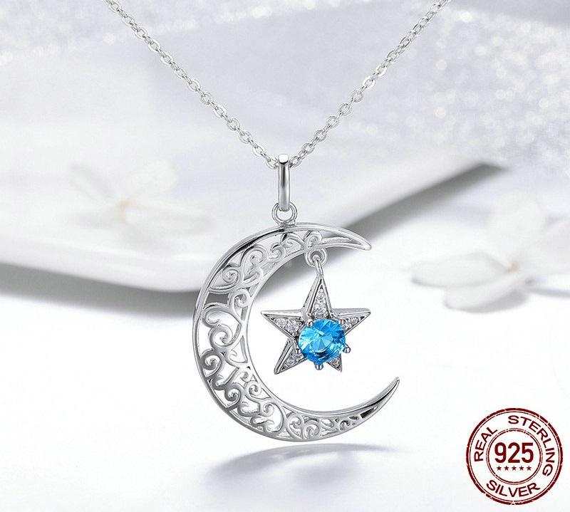 Sparkling Moon & Star Sterling Silver Necklace - Floral Fawna