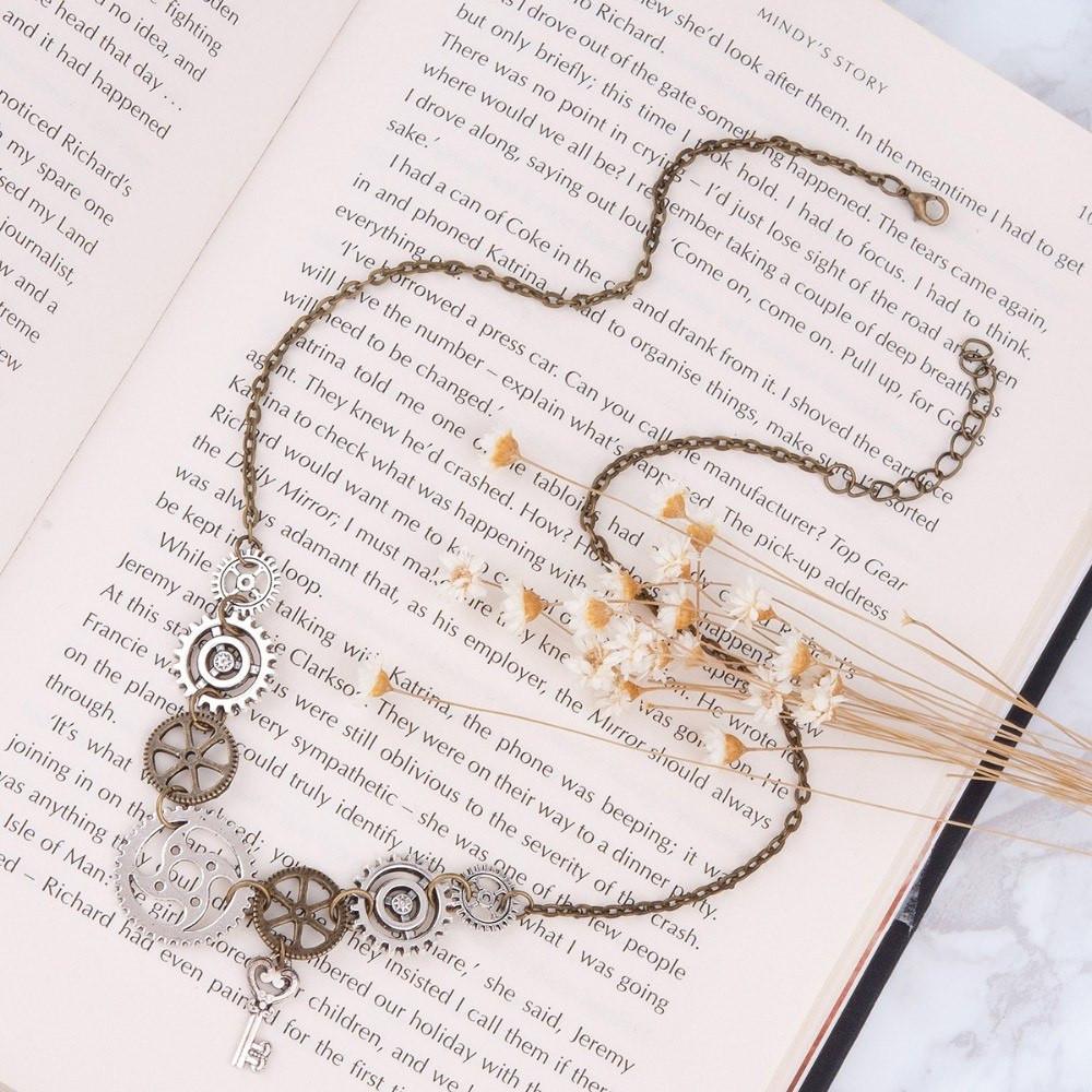 Steampunk Gears & Key Statement Necklace - Floral Fawna