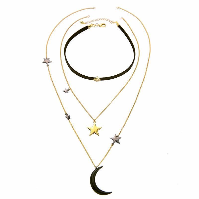 Three Layers Stars & Moon Necklace - Floral Fawna