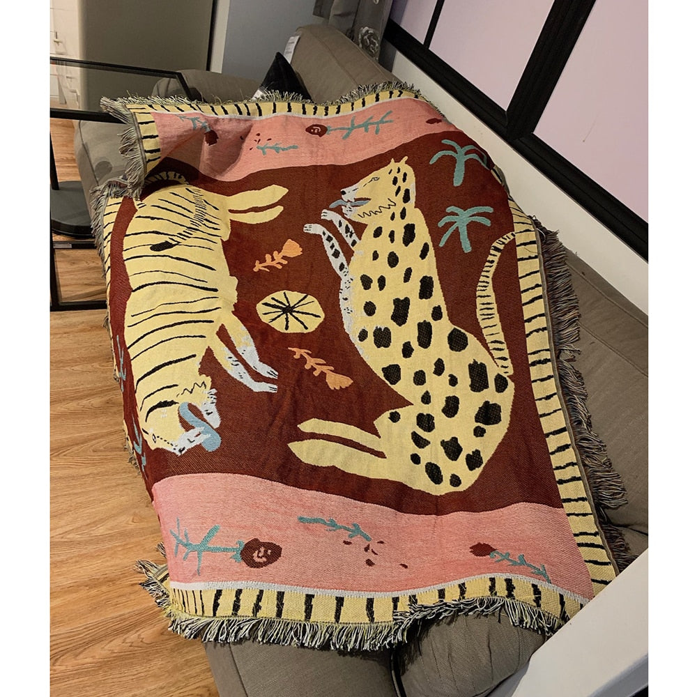 Leopard & Tiger Tapestry Throw - Floral Fawna