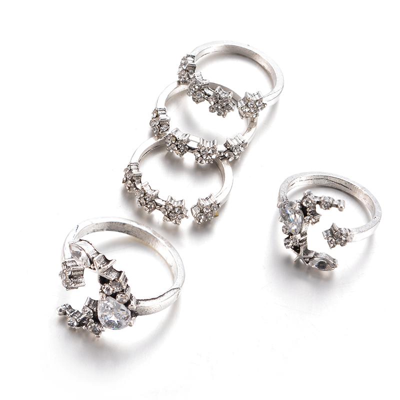 Celestial Crescent Moon & Stars Ring Set - Floral Fawna