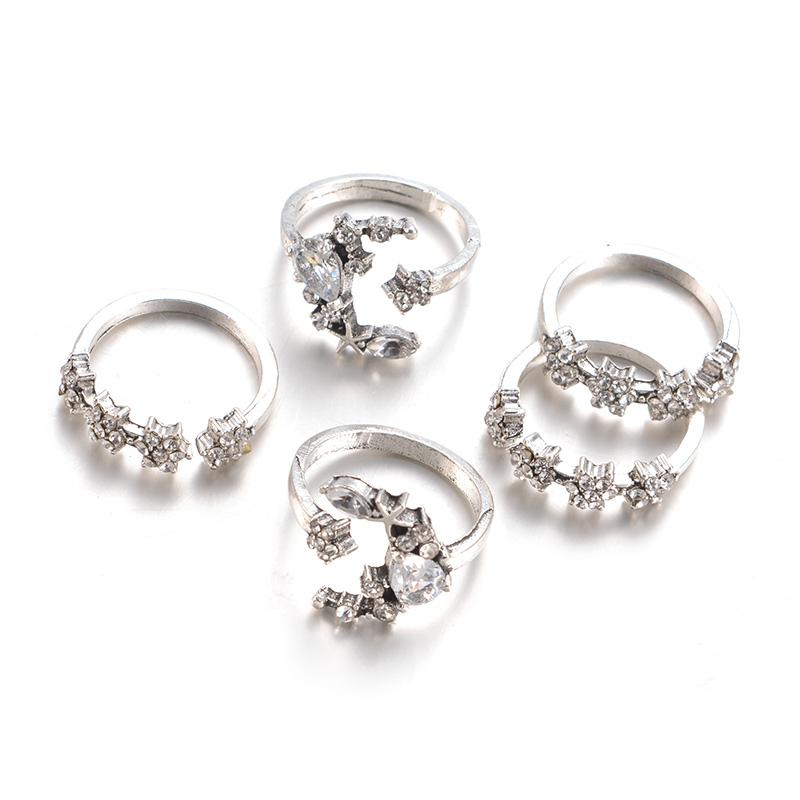 Celestial Crescent Moon & Stars Ring Set - Floral Fawna