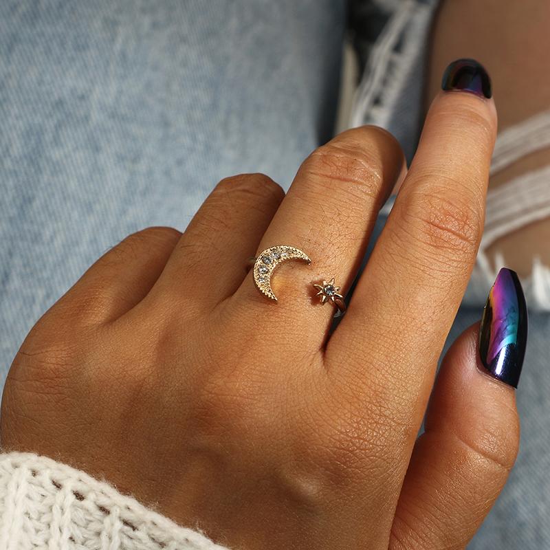 Crescent Moon & Star Crystal Ring - Floral Fawna
