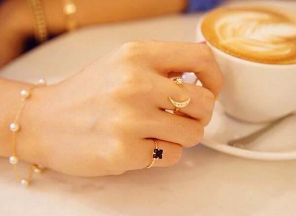 Crescent Moon & Star Crystal Ring - Floral Fawna