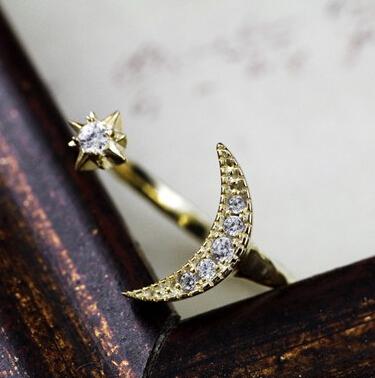 Crescent Moon & Star Crystal Ring - Floral Fawna