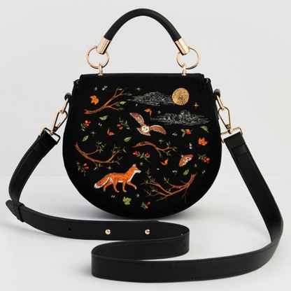 Fox &amp; Owl Embroidered Black Top Handle Saddle Bag