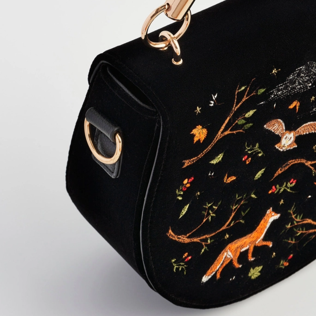Fox &amp; Owl Embroidered Black Top Handle Saddle Bag