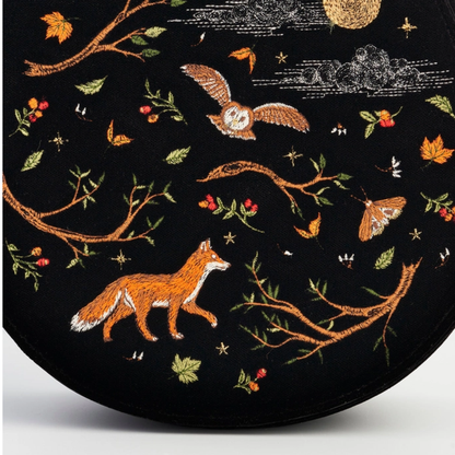 Fox &amp; Owl Embroidered Black Top Handle Saddle Bag