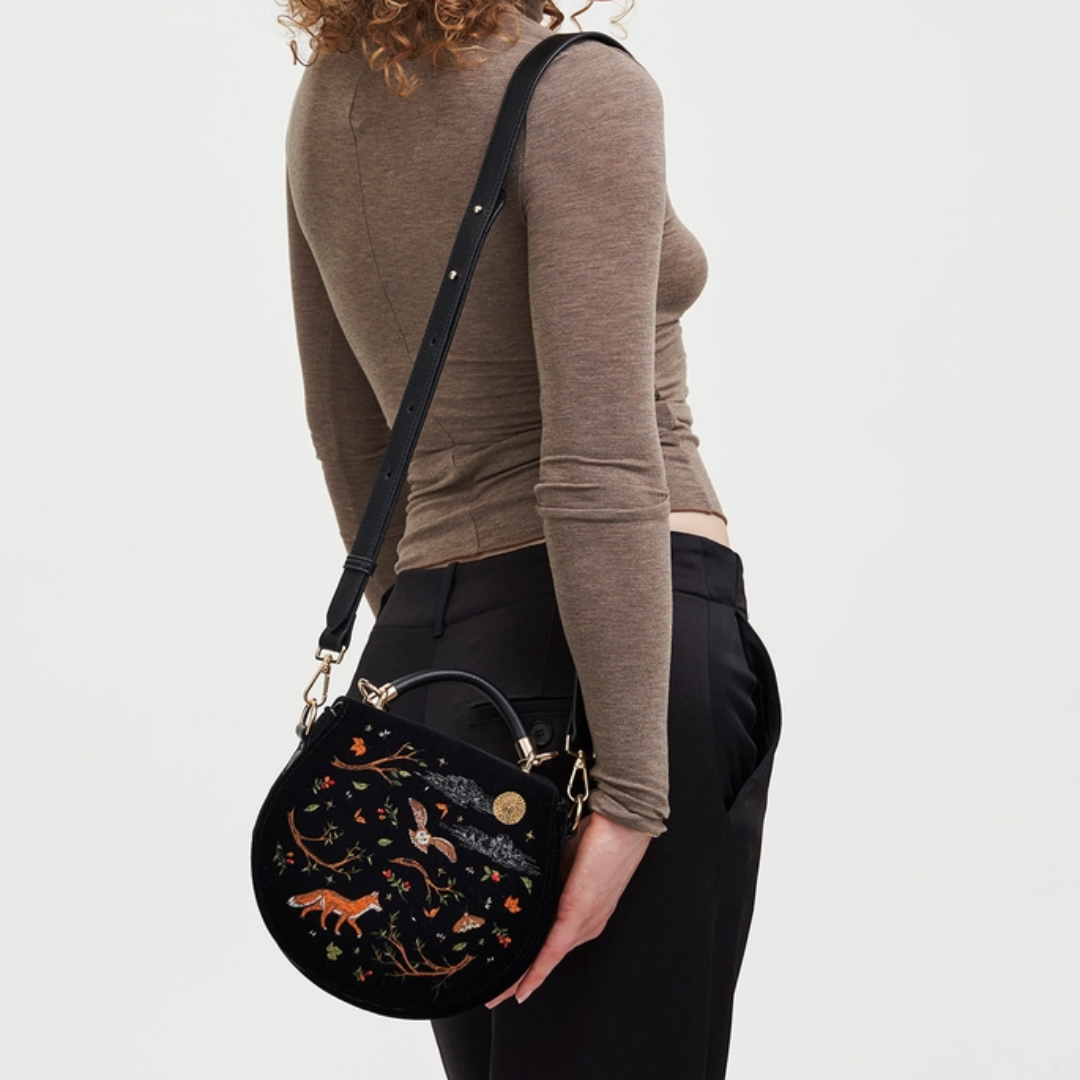 Fox &amp; Owl Embroidered Black Top Handle Saddle Bag