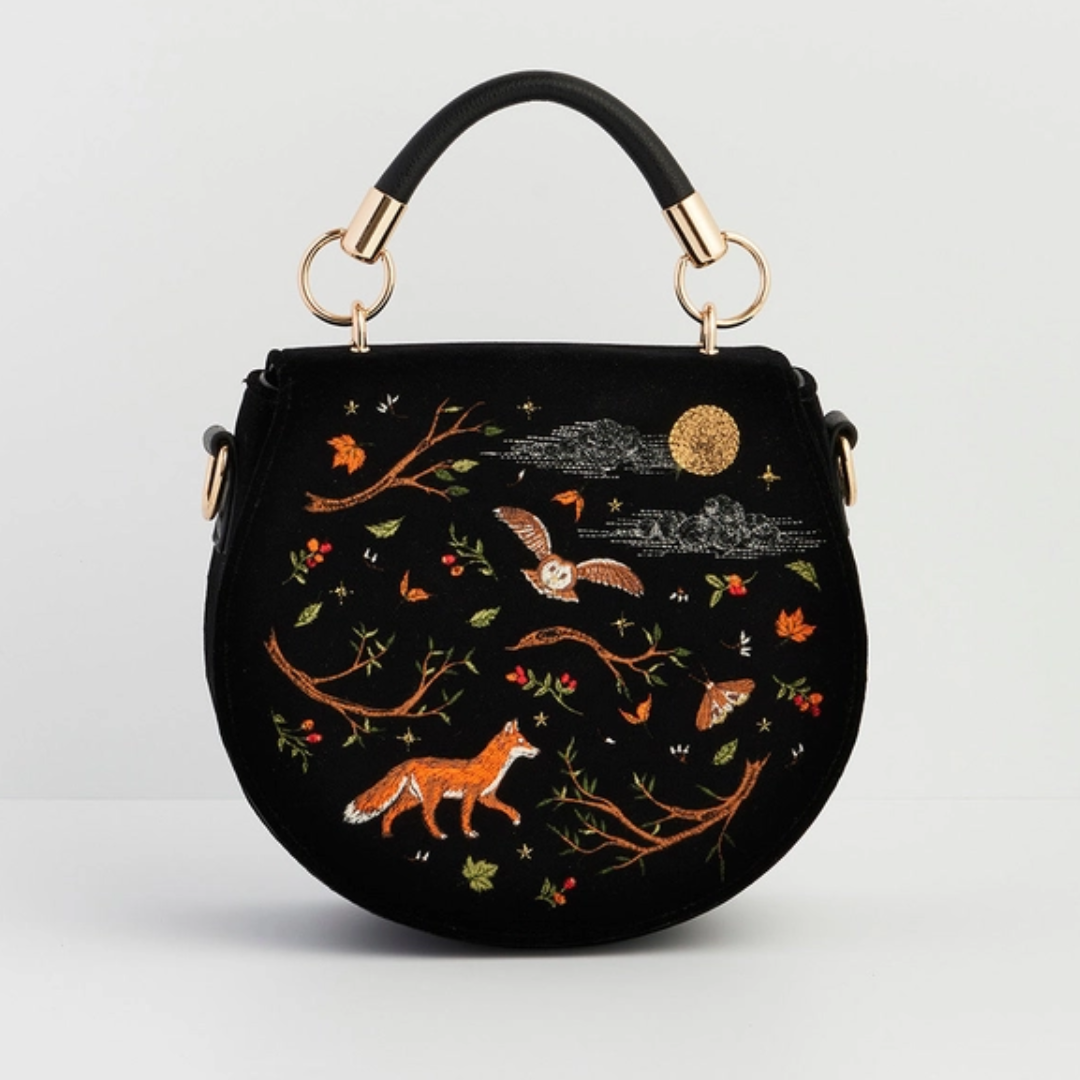 Fox &amp; Owl Embroidered Black Top Handle Saddle Bag