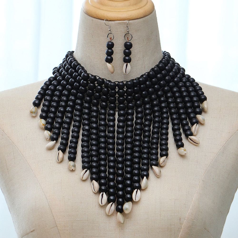 African Tribal Shell Choker Necklace &amp; Earrings Set - Floral Fawna