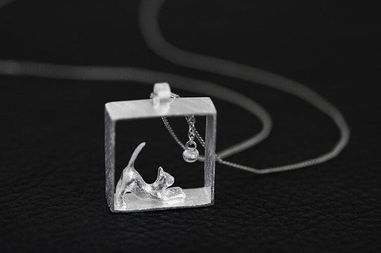 Sterling Silver Square Cat Necklace - Floral Fawna