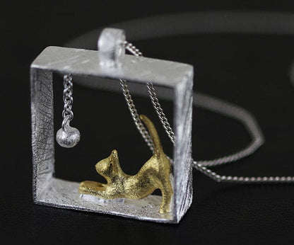Sterling Silver Square Cat Necklace - Floral Fawna