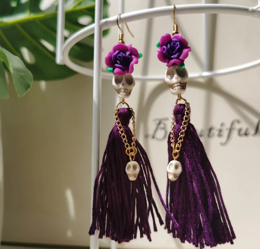 Purple Tassel Goth Skull Earrings - Floral Fawna