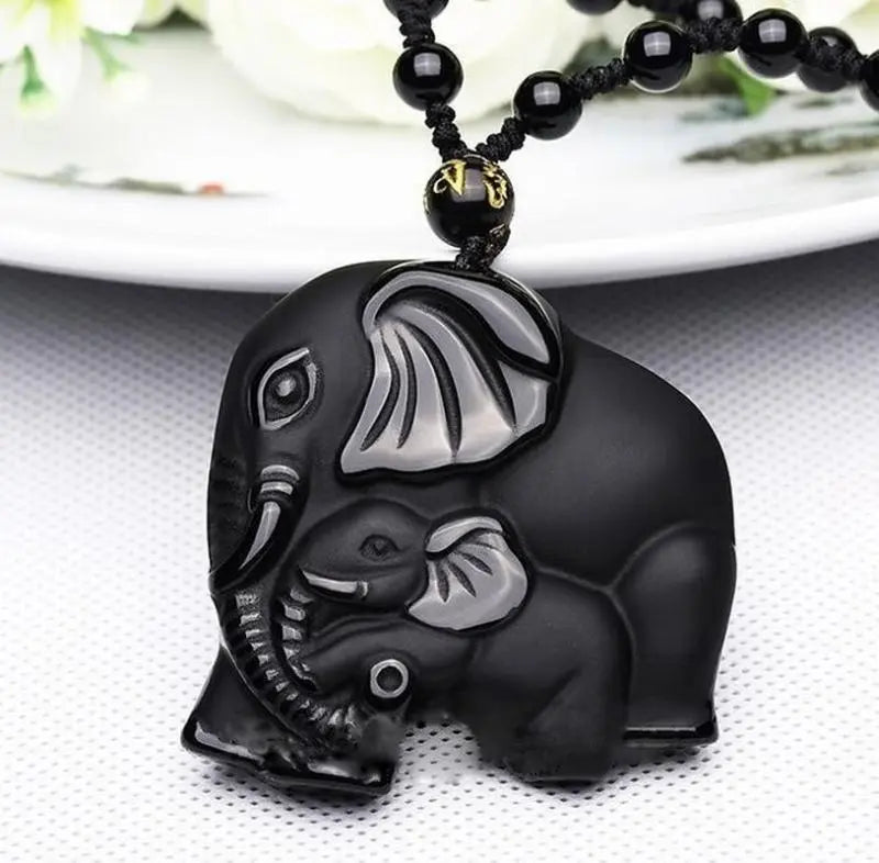 Black Stone Elephant Necklace