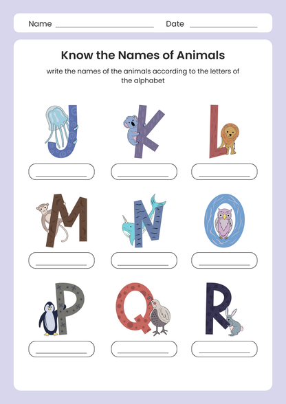 Know the Names of Animals PDF Poster