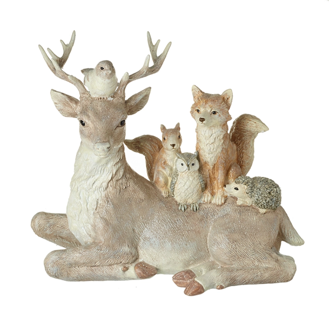 A whimsical woodland animal figurine set featuring a large deer lying down with a small bird on its antlers, a fox, a squirrel, an owl, and a hedgehog on its back, all in a warm beige and brown color palette against a plain white background.