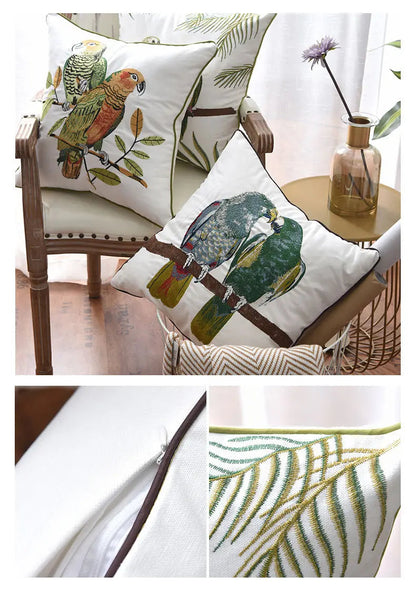 Parrot Embroidered Cushion Cover