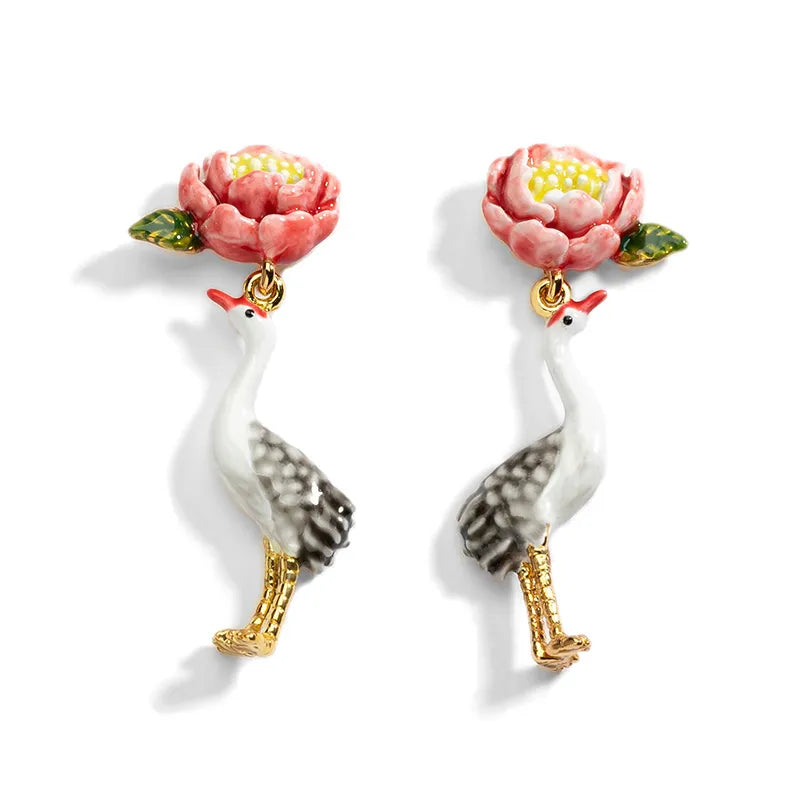 Crane Peony Dangle Earrings - Floral Fawna