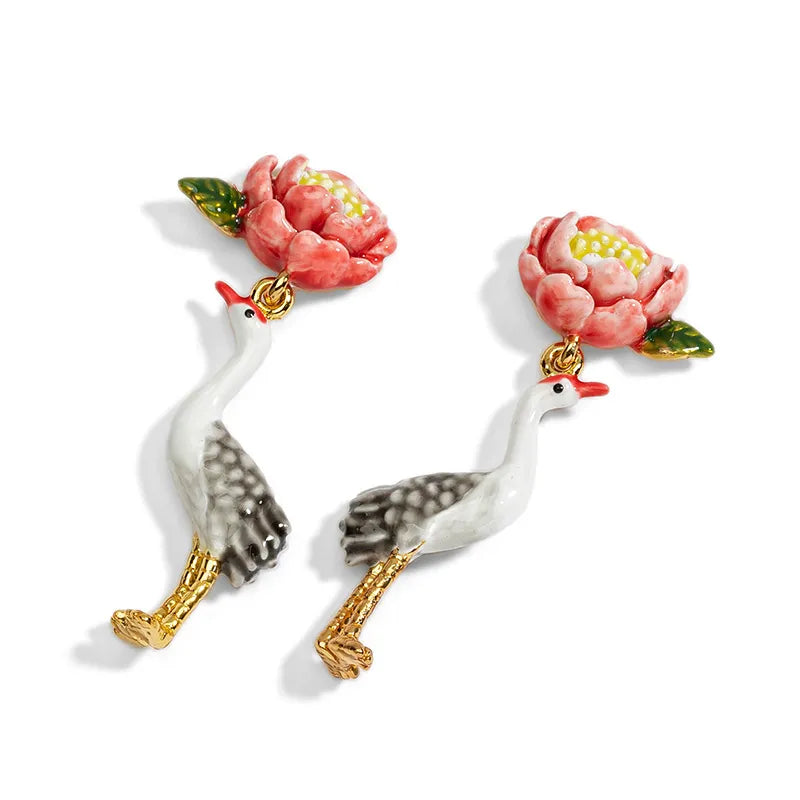 Crane Peony Dangle Earrings - Floral Fawna