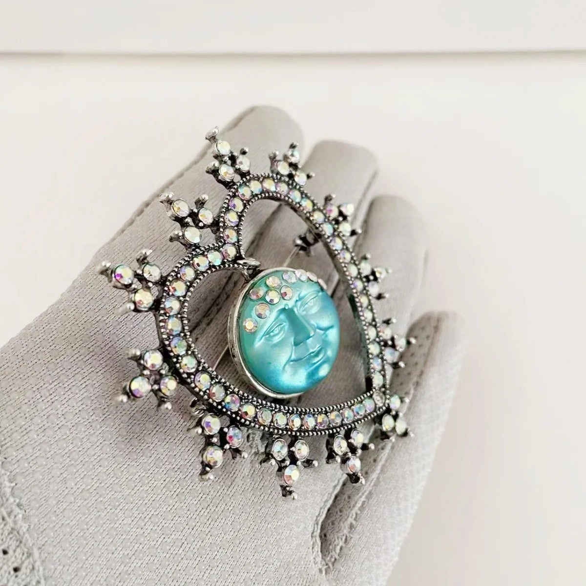 Rhinestone Heart &amp; Moon Face Brooch