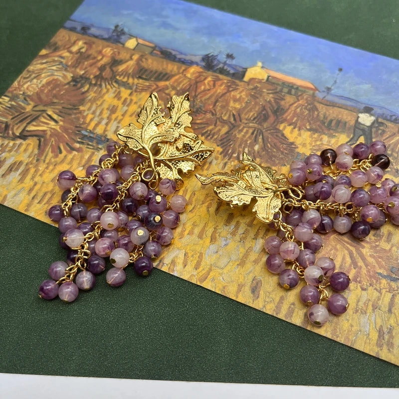 Grape &amp; Gold Leaf Tassel Earrings - Floral Fawna