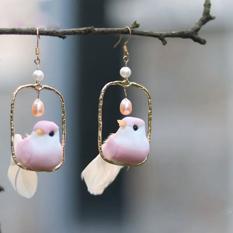 3D Bird on Perch Dangle Earrings - Floral Fawna