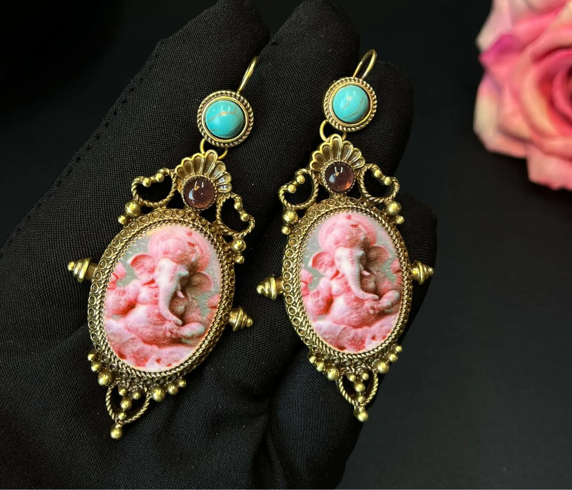 Pink Cameo Ganesh Elephant Earrings