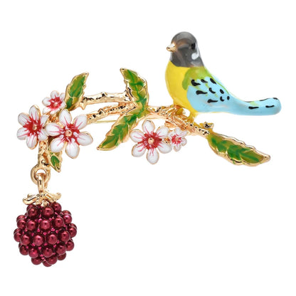 Bird, Raspberry, and Flower Branch Brooch