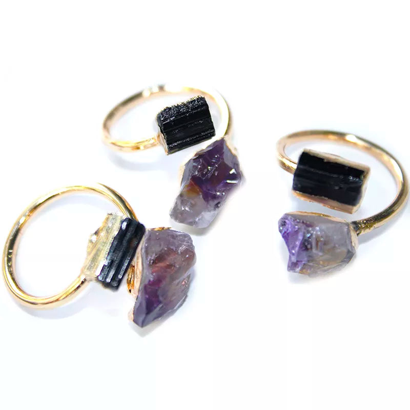Raw Tourmaline and Amethyst Ring