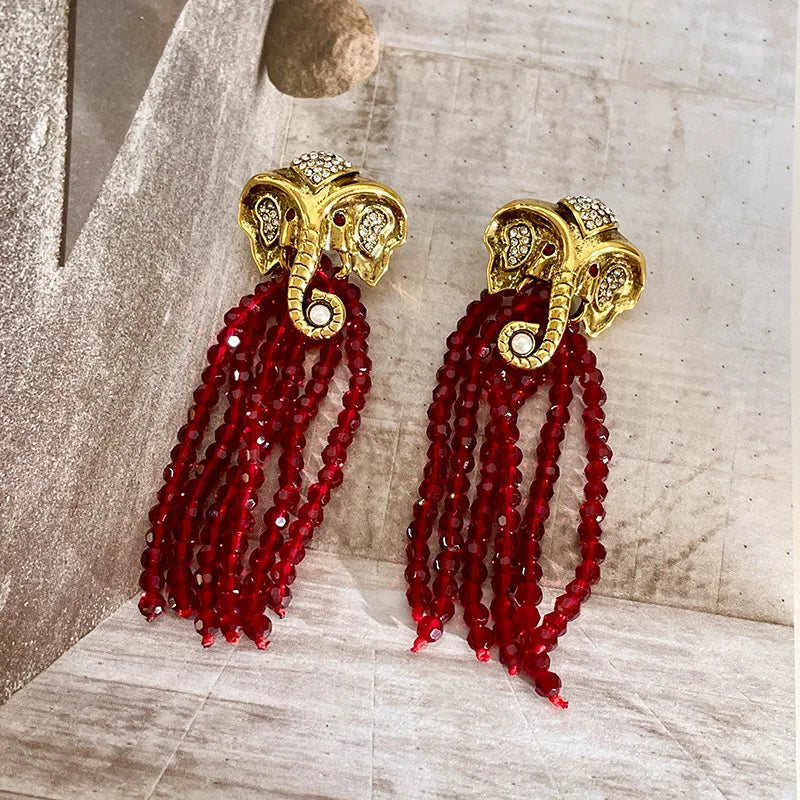 Gold Elephant Tassel Earrings