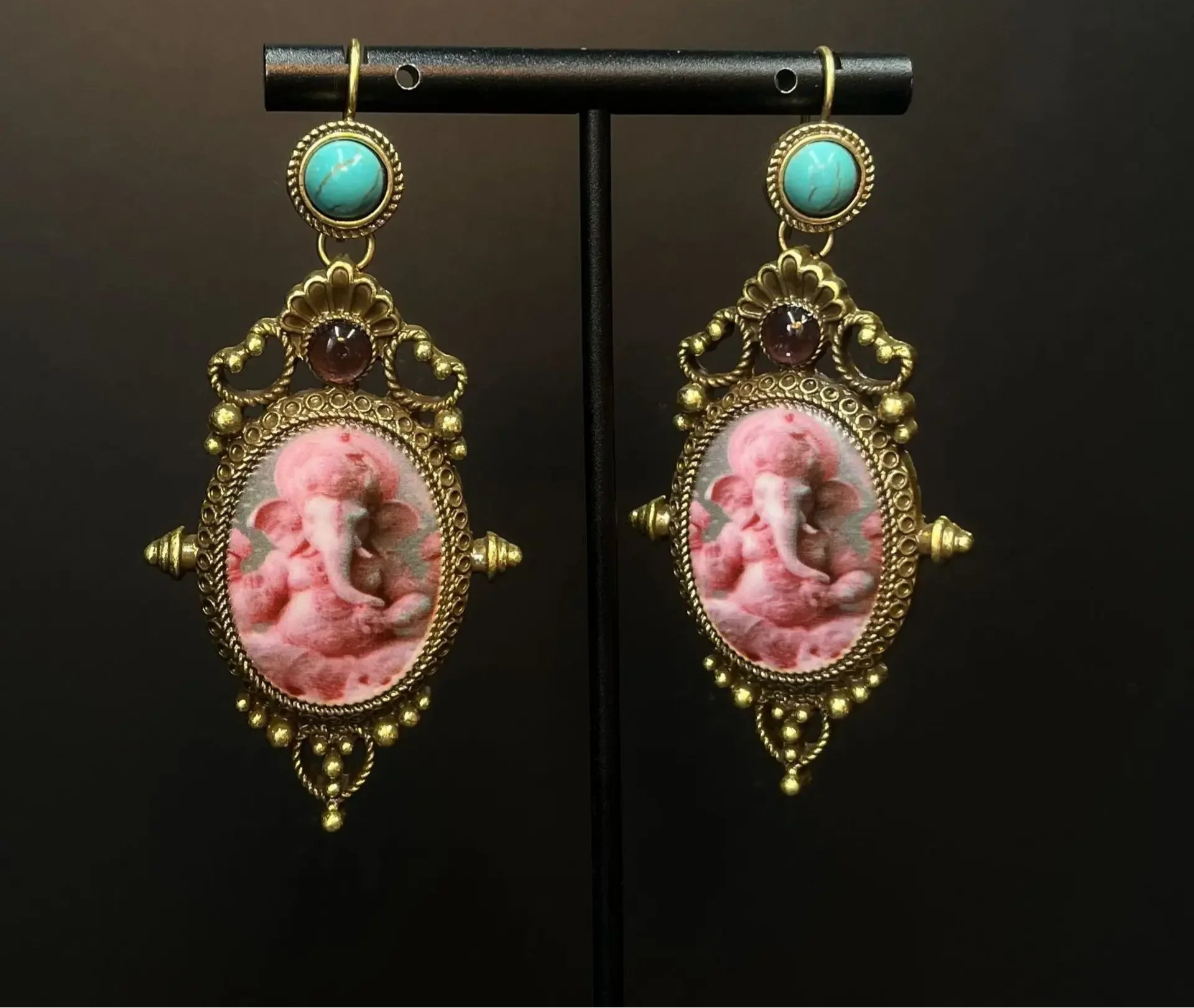 Pink Cameo Ganesh Elephant Earrings