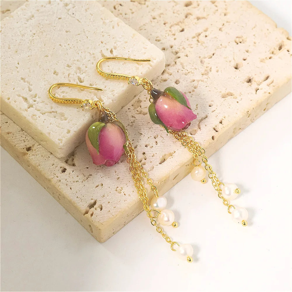 Pearl &amp; Rose Drop Earrings