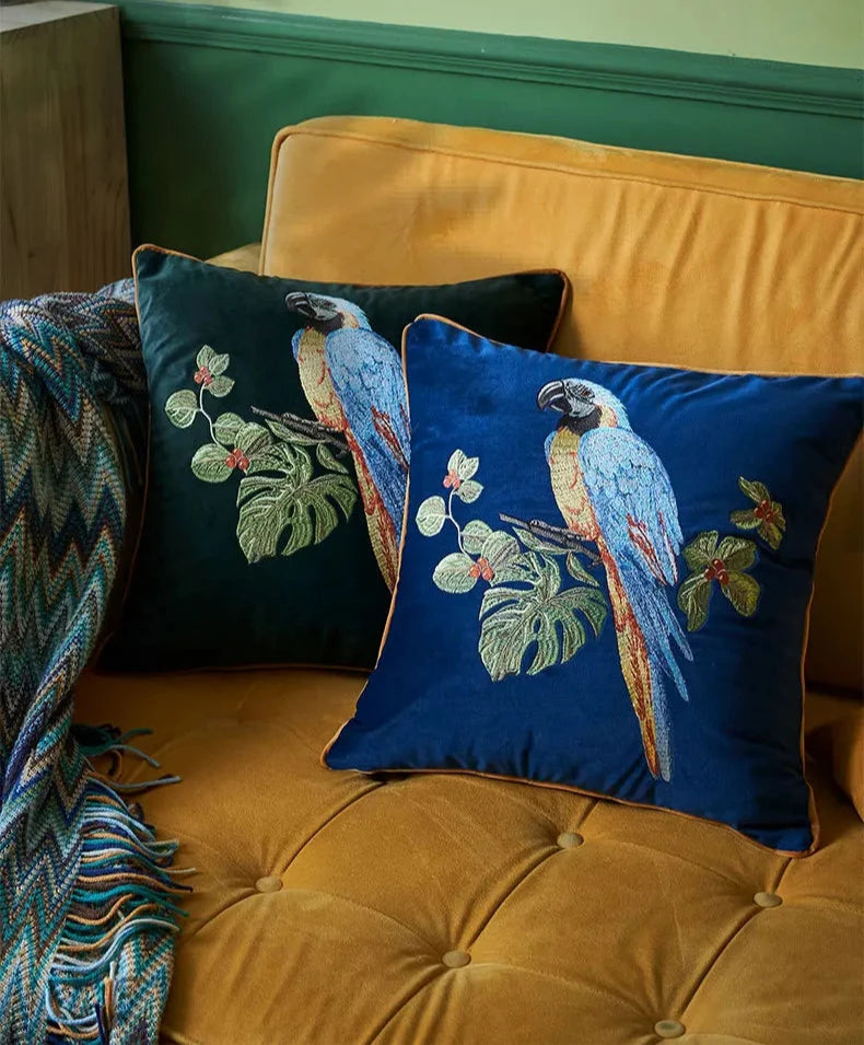 Embroidered Parrot Pillow Case