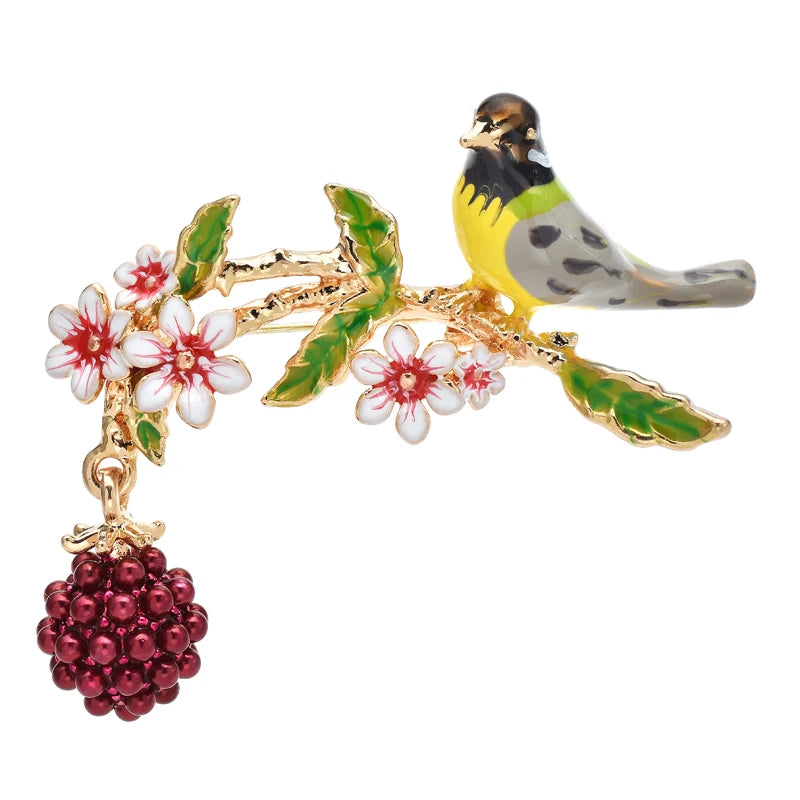 Bird, Raspberry, and Flower Branch Brooch