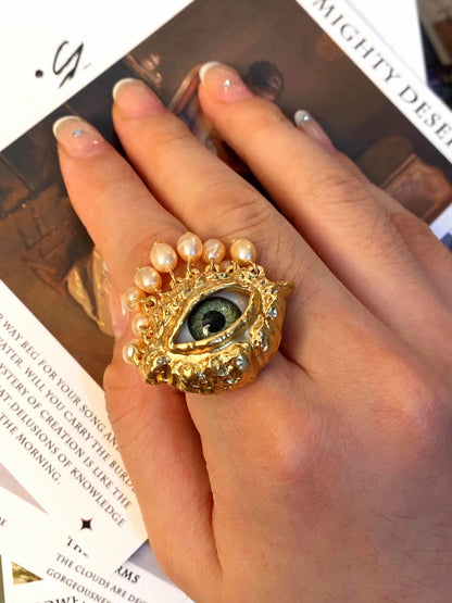 Statement Gold Eye Tassel Ring - Floral Fawna
