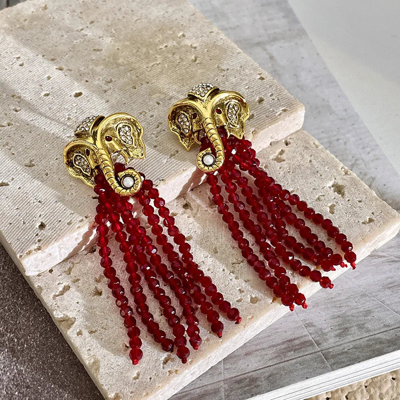 Gold Elephant Tassel Earrings