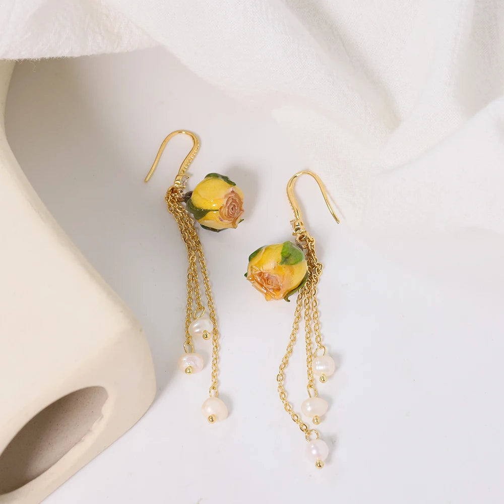 Pearl &amp; Rose Drop Earrings