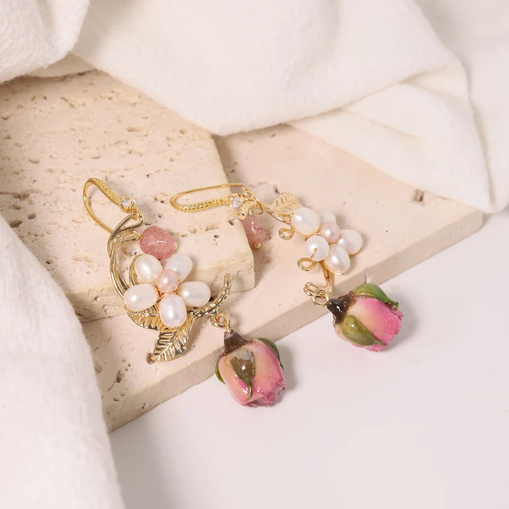 Pearl &amp; Rose Drop Earrings