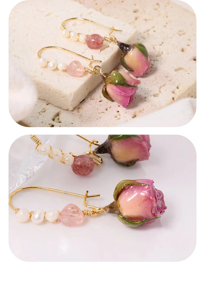 Pearl &amp; Rose Drop Earrings