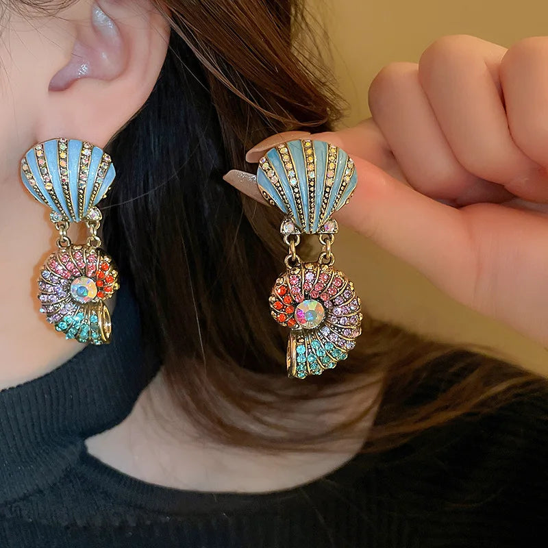 Rhinestone Shell &amp; Starfish Double Pearl Necklace &amp; Rhinestone Sea Shell &amp; Ammonite Earrings Set - Floral Fawna